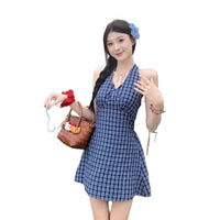 Korean-style Plaid Halter Dress For Women