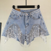 Fringed Chain Jeans Women's High Waist Slim Se Xy Shorts European And American Style Heavy Industry Beading Tide