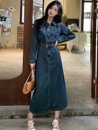 Womens Fashionable Retro Waist-Cinching Long-Sleeve Dress