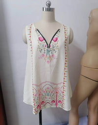 V-neck Zipper Printed Top