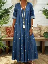 V-neck Loose-fit Printed Star Denim Dress For Women