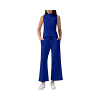 Turtleneck Slim-Fit Solid-Color Loungewear Cropped Pants Set With Drawstring