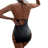 Black Pu Patent Leather Staring Beads Metal Hollow Halter Spaghetti Straps Sexy Nightdress