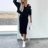 Womens Solid Color V-Neck Long-Sleeve Top And Casual Dress Two-Piece Set