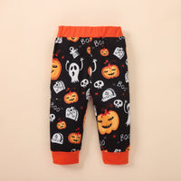 Autumn Baby Boy Orange Round Neck Long Sleeve Letter Romper Printed Black Trousers Hat Infant Children's Suit