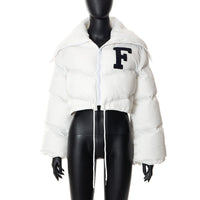 Letter Fur Collar Zipper Drawstring Women's Casual Cotton-padded Jacket Top
