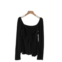 Chinese Gentle Knitted Drawstring V-neck Bottoming Shirt T-shirt Shoulder Slimming Slim Top