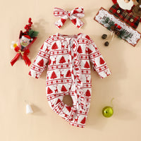 Christmas Deer Pine Printed Long-sleeved Long-leg Romper
