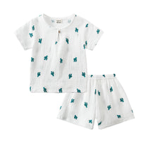 Cotton And Linen Short Sleeve Shorts Suit Round Neck Cartoon Printing