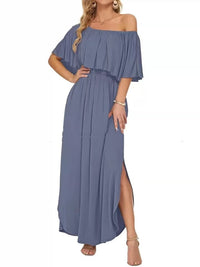 Printed Off-shoulder Short-sleeve Maxi Dress