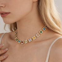 Colorful Diamond Square Geometric Necklace, Light Luxury High-End Sparkling Clavicle Chain, Fashion Retro Elegant Jewelry