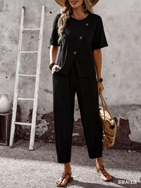 Elegant Buttoned Short-Sleeve Pants Casual Two-Piece Set