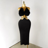 Neck-hanging Fashion Fluffy Patchwork Tube Deep-V Sexy Dress For Women