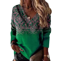 Retro Printed V-neck Long-sleeved T-shirt For Women