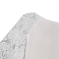 White Three-quarter-sleeve Lace-panelled Tie-front Round-neck Solid-color Garment