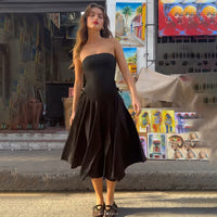 French-style Womens Strapless Backless Waist-Cinching A-Line Dress