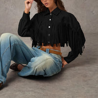 Women's Solid Color Tassel Trimmed Front Buckle Elegant Long Sleeved Jacket