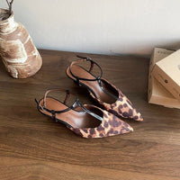 2026 Spring Summer New T-Strap Leopard Print Pointed Toe Slim Heel Mid Heel Closed Toe Sandals, Thin Strap Backless High Heels For Women