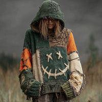 Drop-Shoulder Vintage Womens Printed Loose Hooded Top
