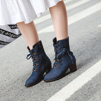 Womens Denim Winter Boots New Korean-Style Lace-Up Design
