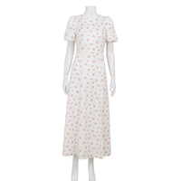 French-style Crewneck Floral Dress With Puff Sleeves And A Backless Design