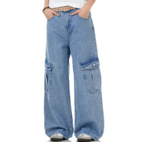 Ocean Blue Workwear Denim Jeans With Multiple Pockets Retro Style