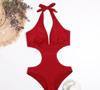 Simple Solid Color Hollow One-piece Bikini Swimsuit