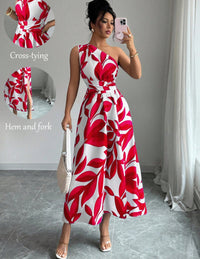 Womens Printed Off-the-Shoulder Slit Dress