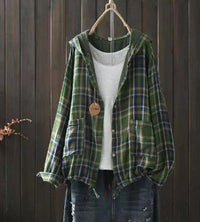 New Korean-style Oversized Artistic Retro Casual Plaid Cotton-linen Double-layer Shirt With A Hood