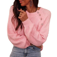 Solid Color Raglan Sleeve Round Neck Button Sweater