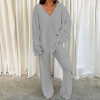 2026 European And American Independent Site European Winter Comfort Solid V-Neck Casual Daily Home Warm Two-Piece Set