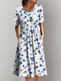 Spring And Summer Women's Elegant Large Swing Round Neck Printed Short Sleeve Dress