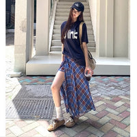 Summer New Arrival Pearl Chiffon Skirt, Asymmetrical Blue Plaid