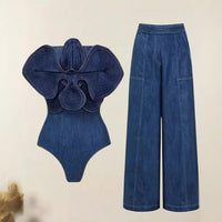 Slim-fit Women's Off-shoulder Blue Denim Flower Jumpsuit