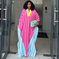 Western-style Fashionable V-neck Striped Loose-fitting Maxi Dress