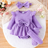 Baby Girls' Knitted Long Sleeve Bowknot Jumpsuit