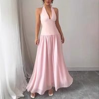 Solid-color Sleeveless Halter-neck Backless Dress For Women