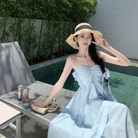 Beach Vacation Blue Soft-style Suspender Dress Womens Summer Niche Design Back-tie Beach Long Dress