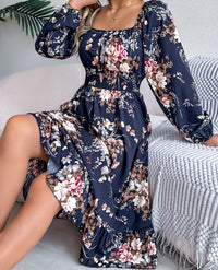 Women's Elegant Floral Print Square Neck Long Sleeve Tie Waist Ruffle A-Line Dress