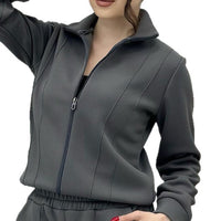 Solid Color Skin Friendly Womens Outerwear Set Featuring A Stand Up Collar And Zipper