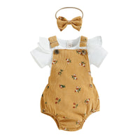 New Sunken Stripe Flounced Sleeve Floral Corduroy Suspender Pants Hair Band Three-piece Suit