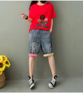 Women's Summer Ethnic Style Embroidered Denim Five-point Pants
