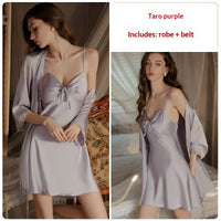 Sexy Backless Womens Camisole Nightdress  Slip-On Silk Robe Set For Loungewear
