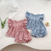 Cotton Thin Plaid Short Sleeve Shorts Suit Girls