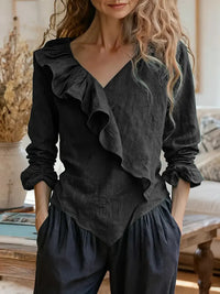 Womens Solid-Color V-Neck Casual Top With Ruffle Long Sleeves