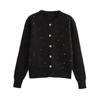 European And American Style Fashion Sequin Colorful Crystals Love Button Knitted Cardigan Jacket