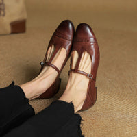 Women's T-shaped Buckle Old First Layer Cowhide Round Toe Flats