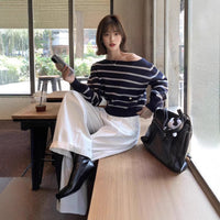 Short, Striped Off-the-shoulder Pullover Sweater