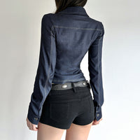 Retro Style Blue Flanging V-neck Shirt Long Sleeve T-shirt