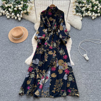 French-style Retro Elegant Single-Breasted Lace-Up Waist Floral Print Dress For Women